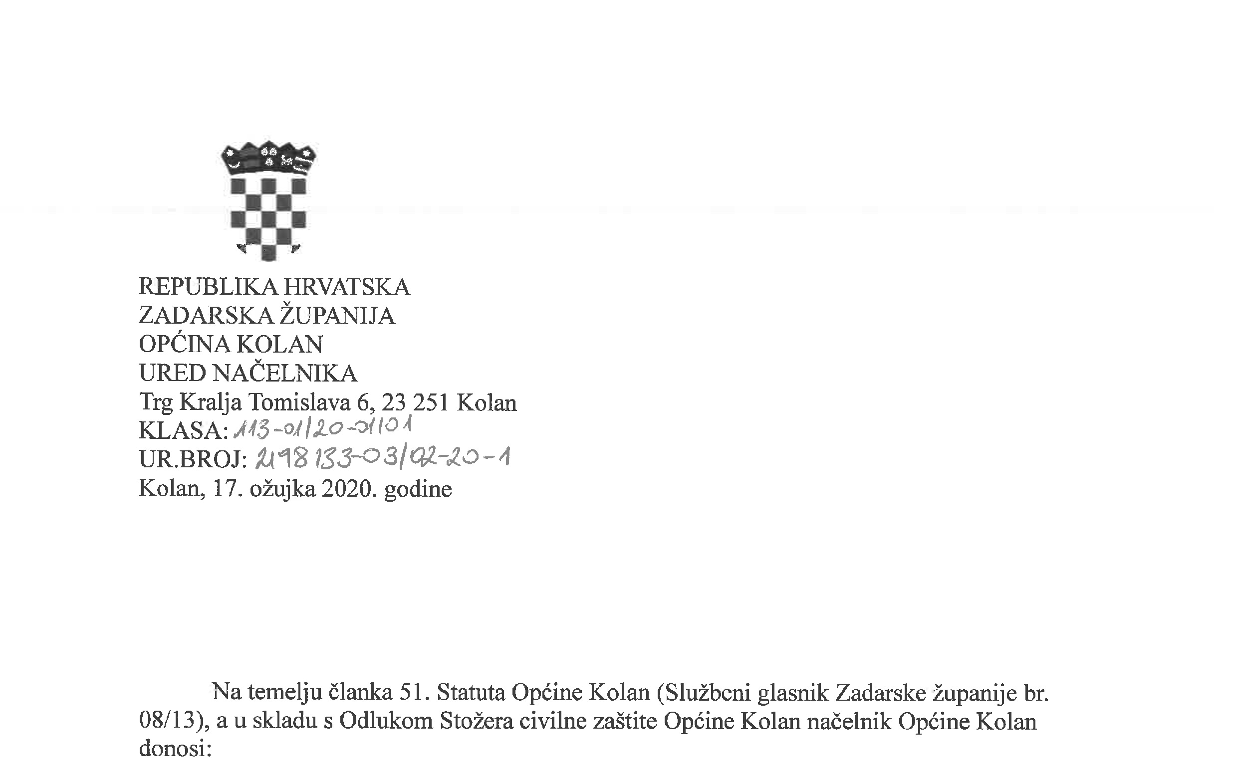 Privremena ODLUKA o radnom vremenu i organizaciji rada Jedinstvenog upravnog odjela