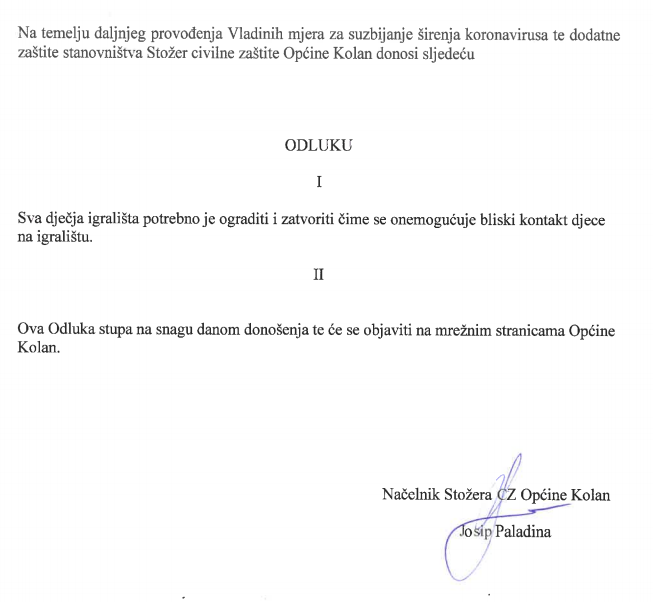 Odluka Stožera civilne zaštite Općine Kolan