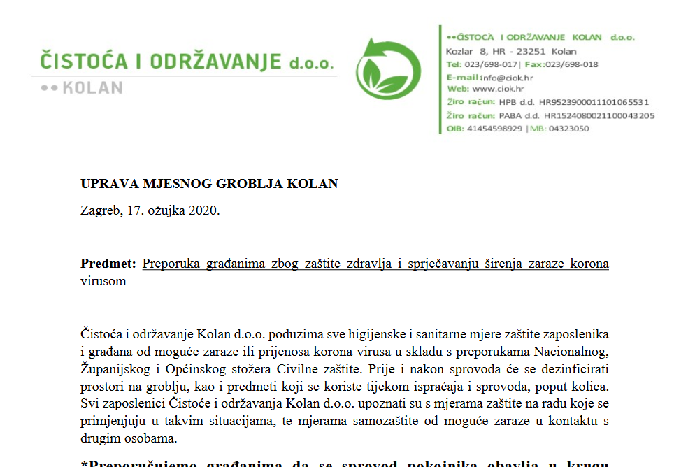 Preporuka građanima zbog zaštite zdravlja i sprječavanju širenja zaraze korona virusom